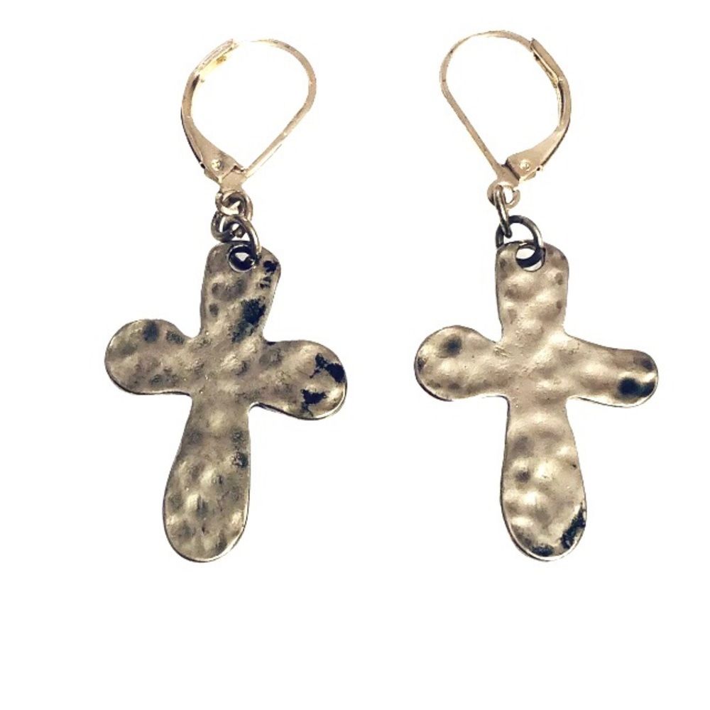 Silver Hammered Cross Gold Plated Earrings